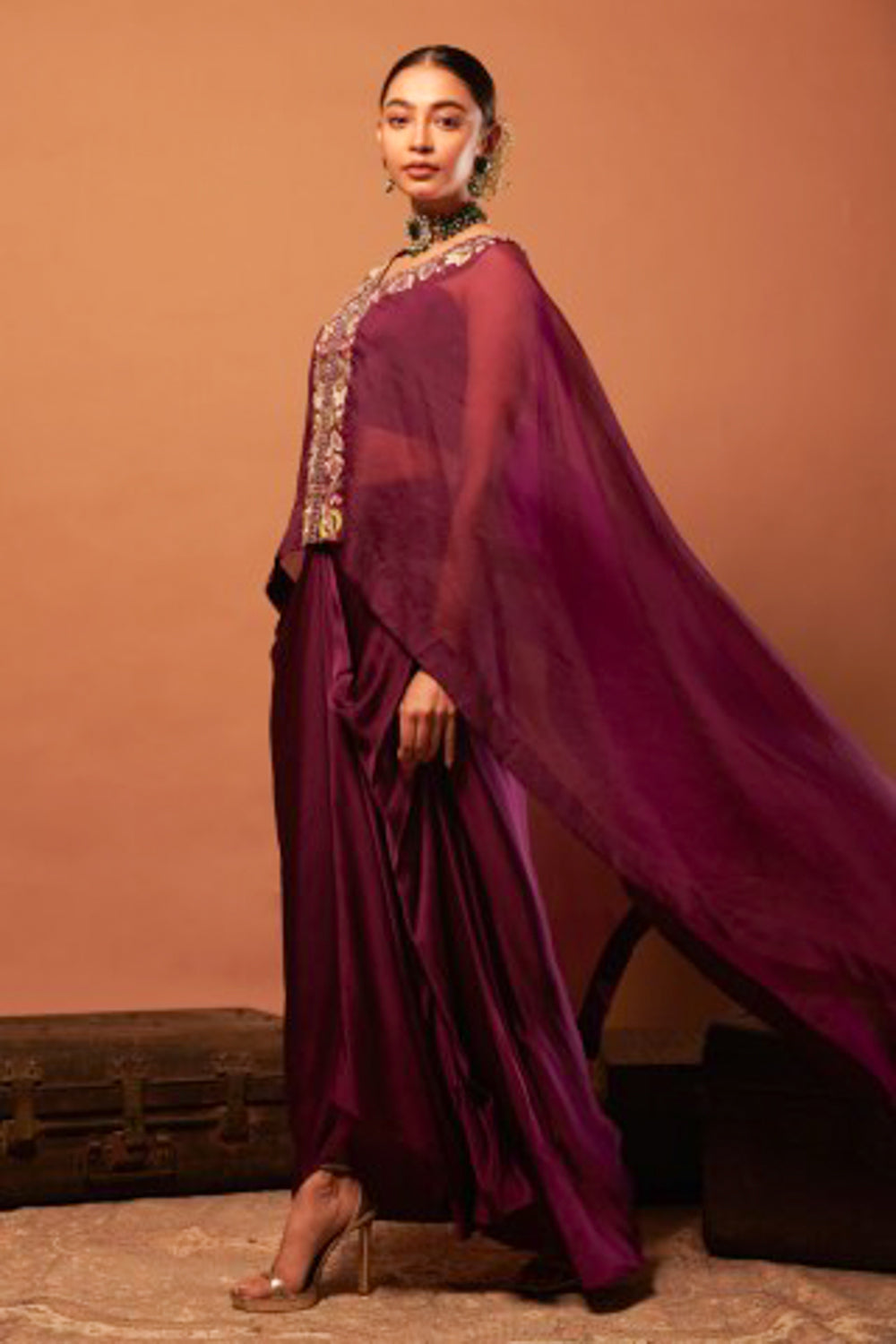 Kaftan Set With Crop Top & Drape Skirt