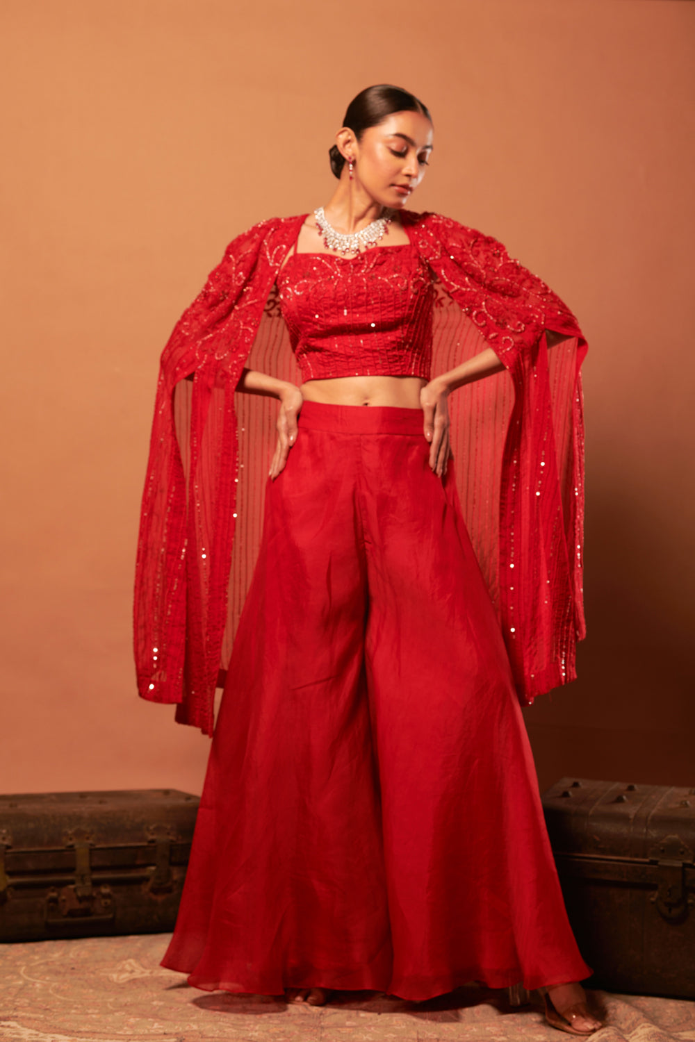 Embroidered Cape Crop Top With Flared Pant