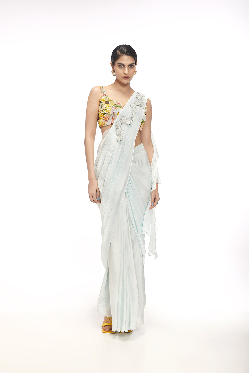 Pre Draped Saree Paired With Floral Printed Blouse