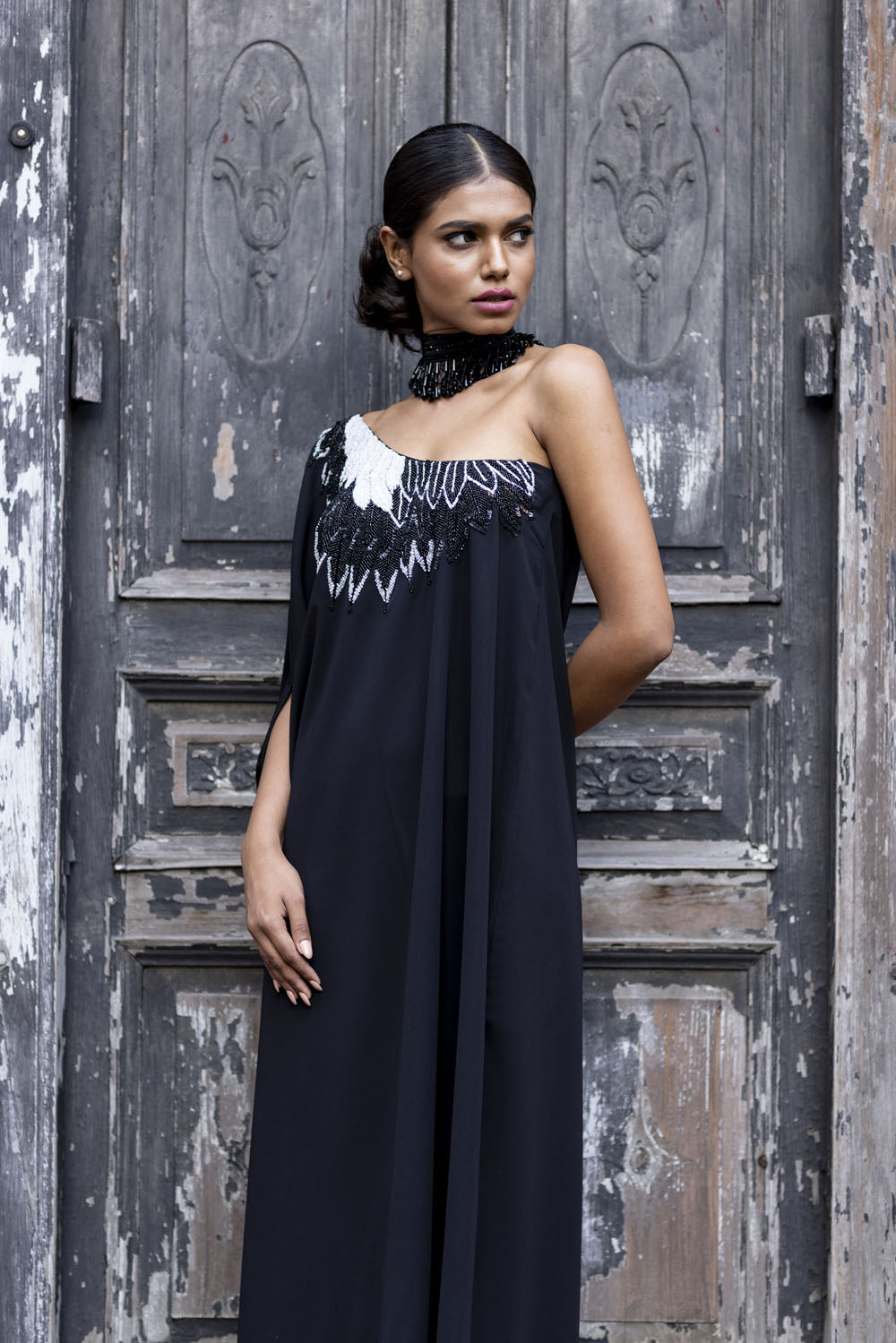 Feather Embroidered Draped Dress