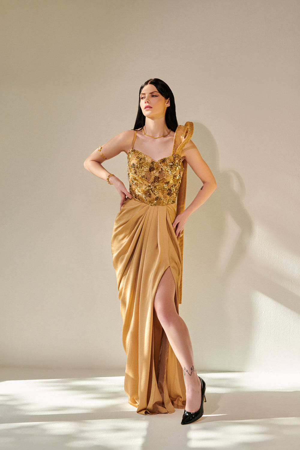 3D Embriodery Drape Gown