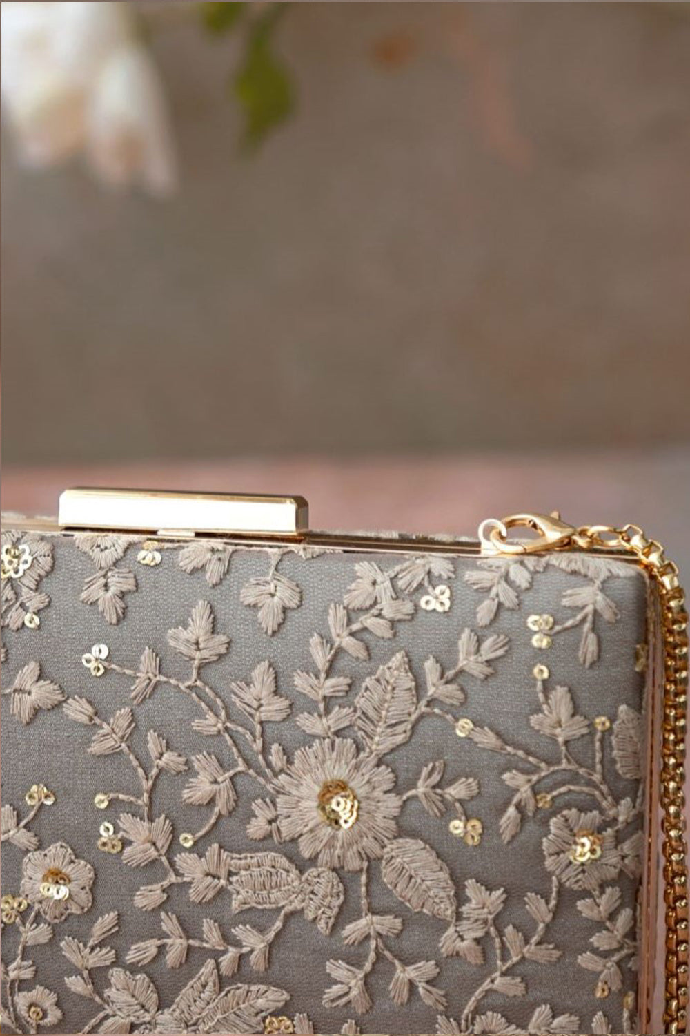 Grey Embroidered Box Clutch
