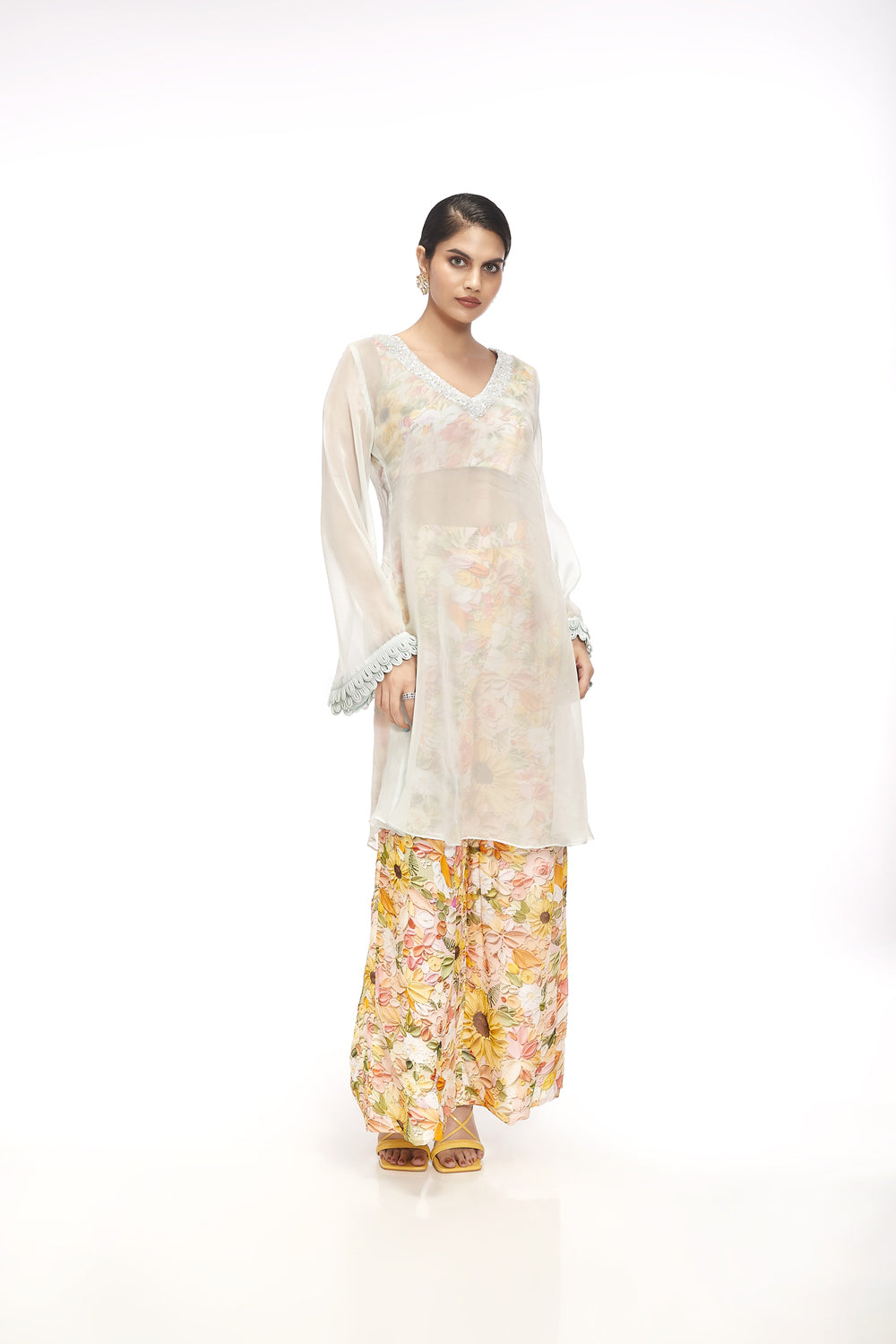 Sheer Kurta With Floral Printed Blouse & Straight Fitted Pants