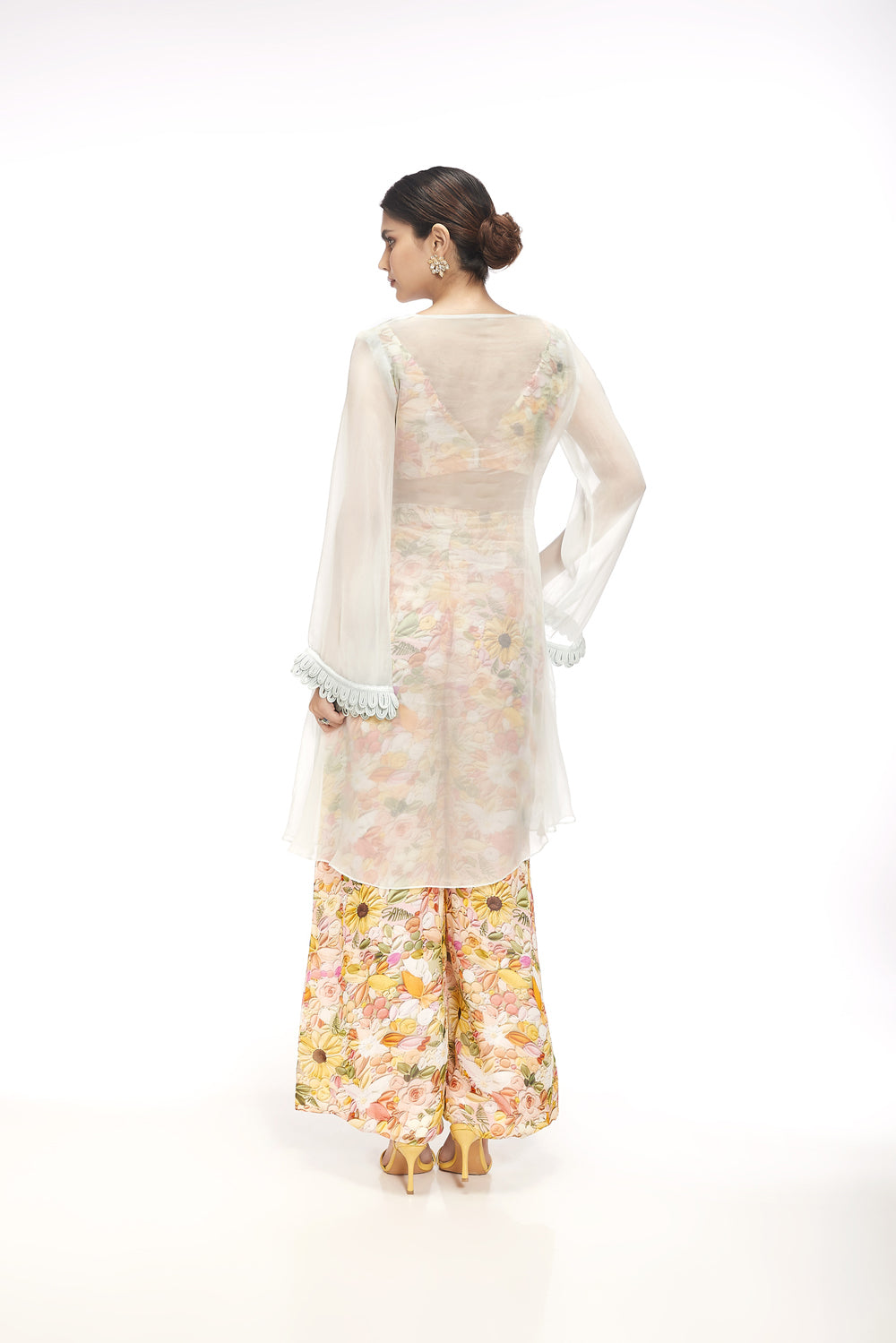 Sheer Kurta With Floral Printed Blouse & Straight Fitted Pants