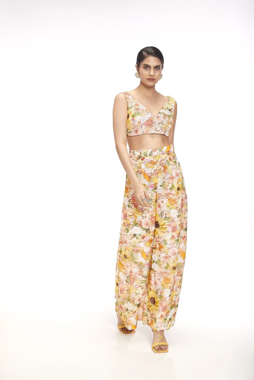 Sheer Kurta With Floral Printed Blouse & Straight Fitted Pants