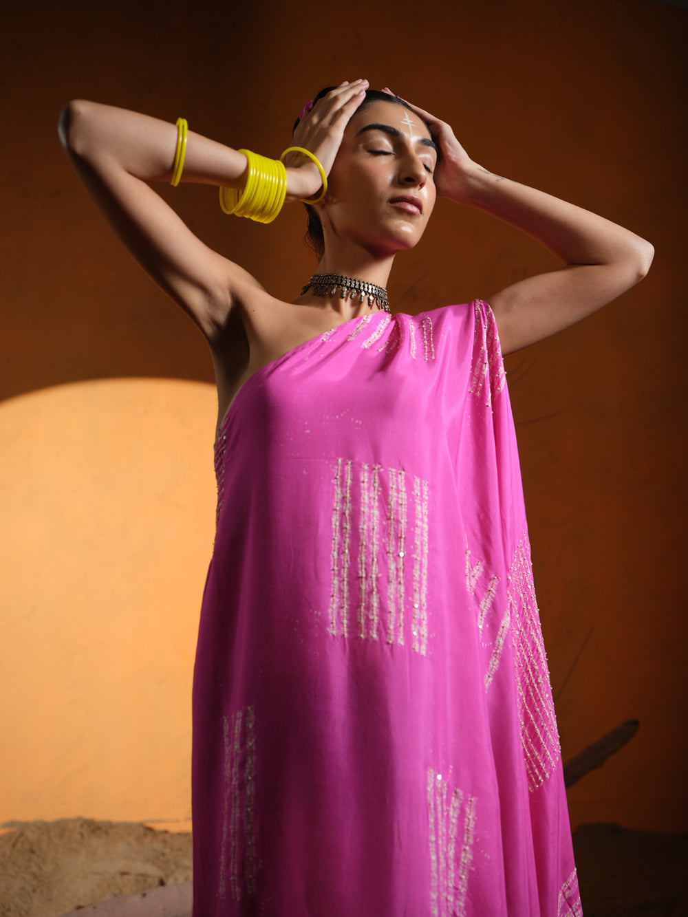 Pink Shibori Embroidered One Shoulder Dress