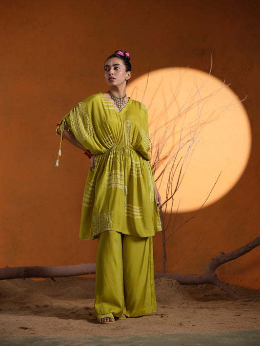 Lime Green Shibori Embroidered Ruched Co-ord set