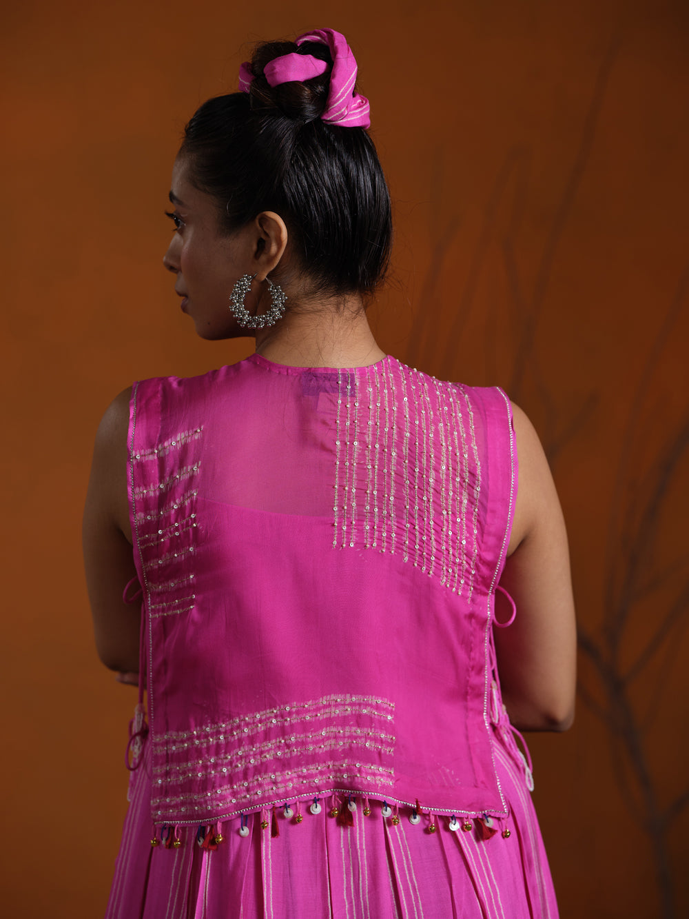 Pink Shibori Embroidered Bib Maxi Dress