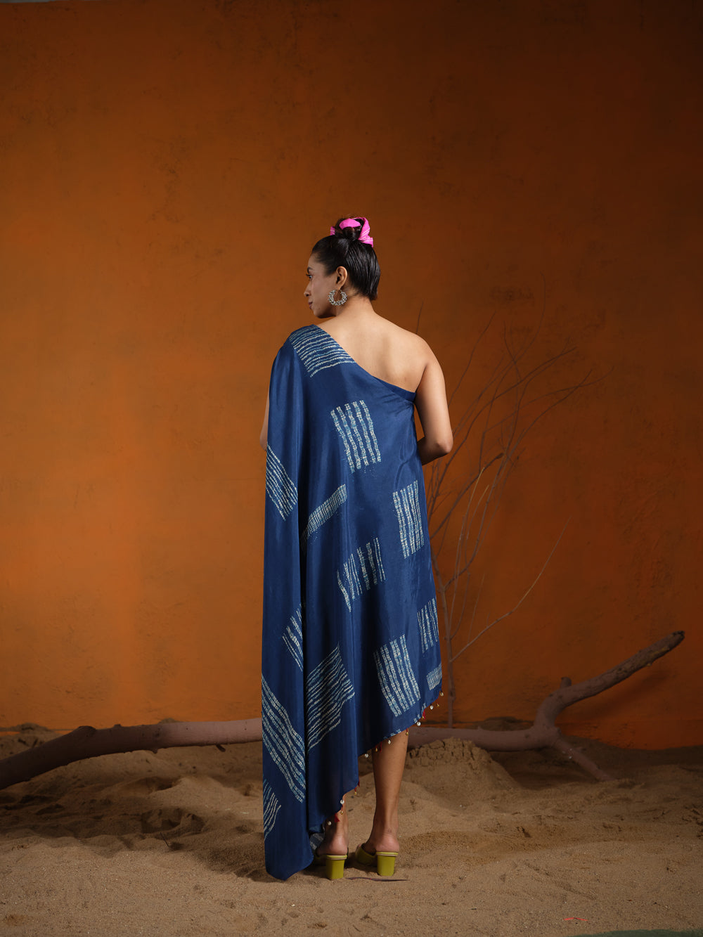 Indigo Shibori Embroidered One Shoulder Dress