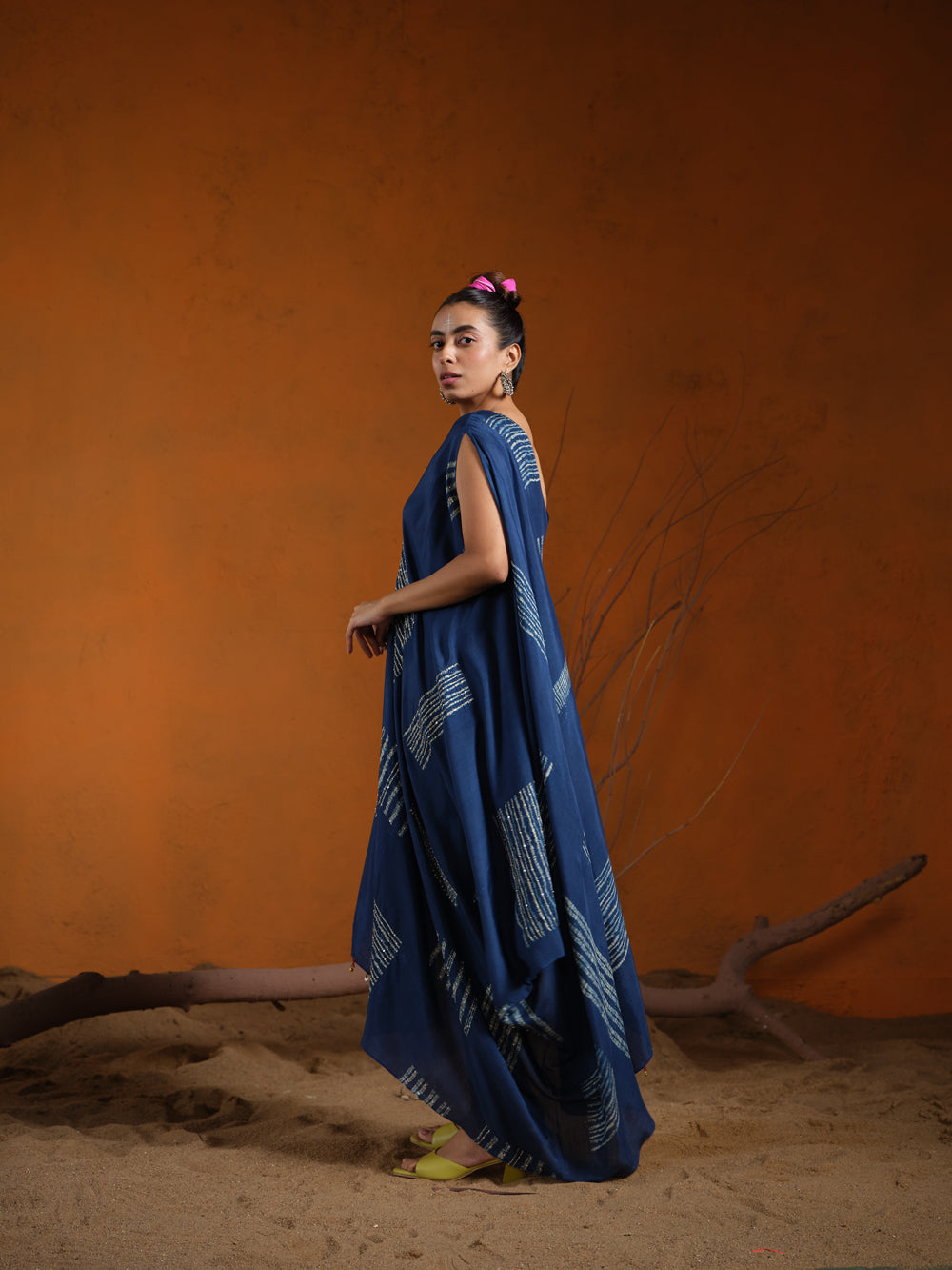 Indigo Shibori Embroidered One Shoulder Dress