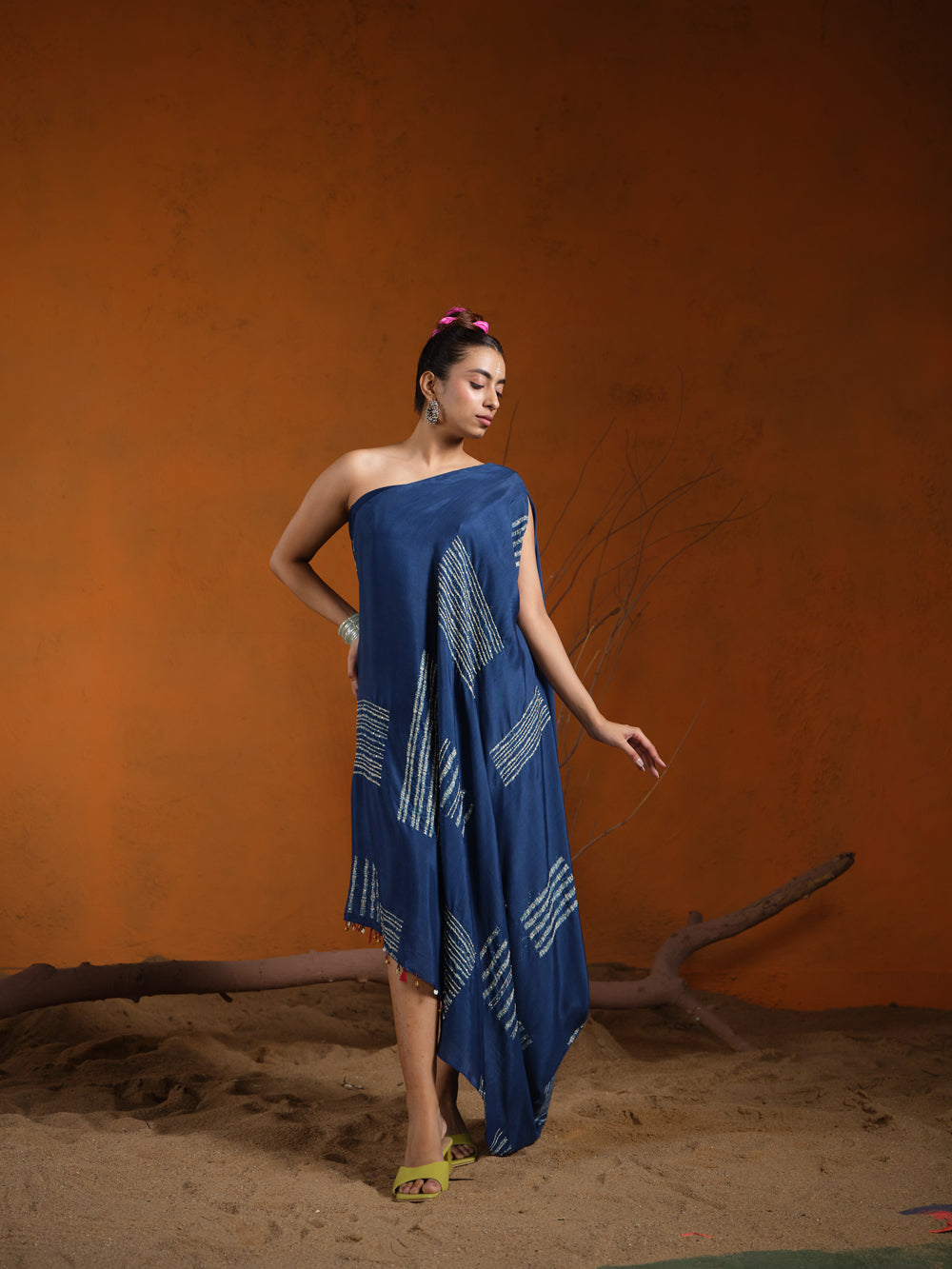 Indigo Shibori Embroidered One Shoulder Dress