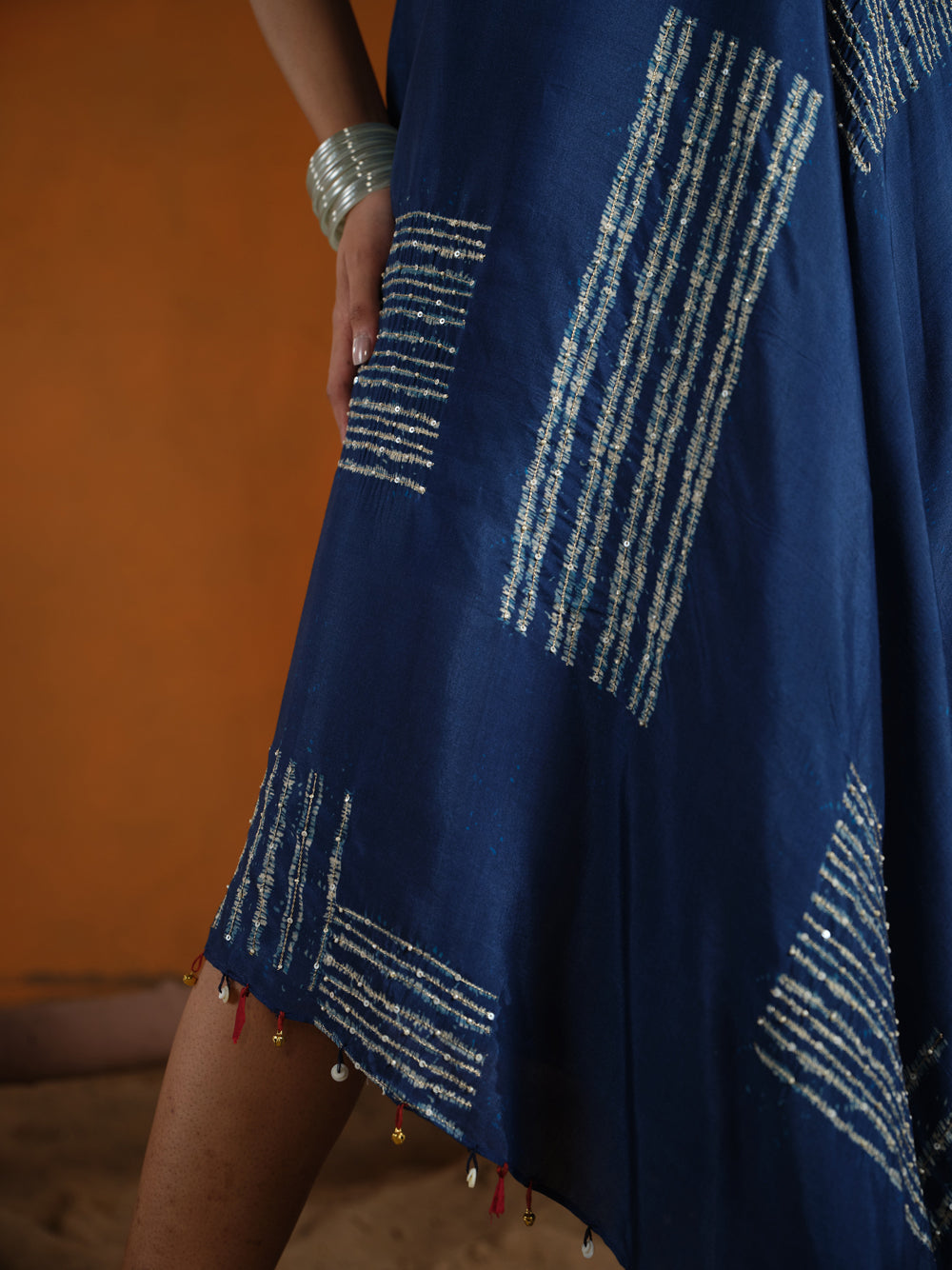 Indigo Shibori Embroidered One Shoulder Dress