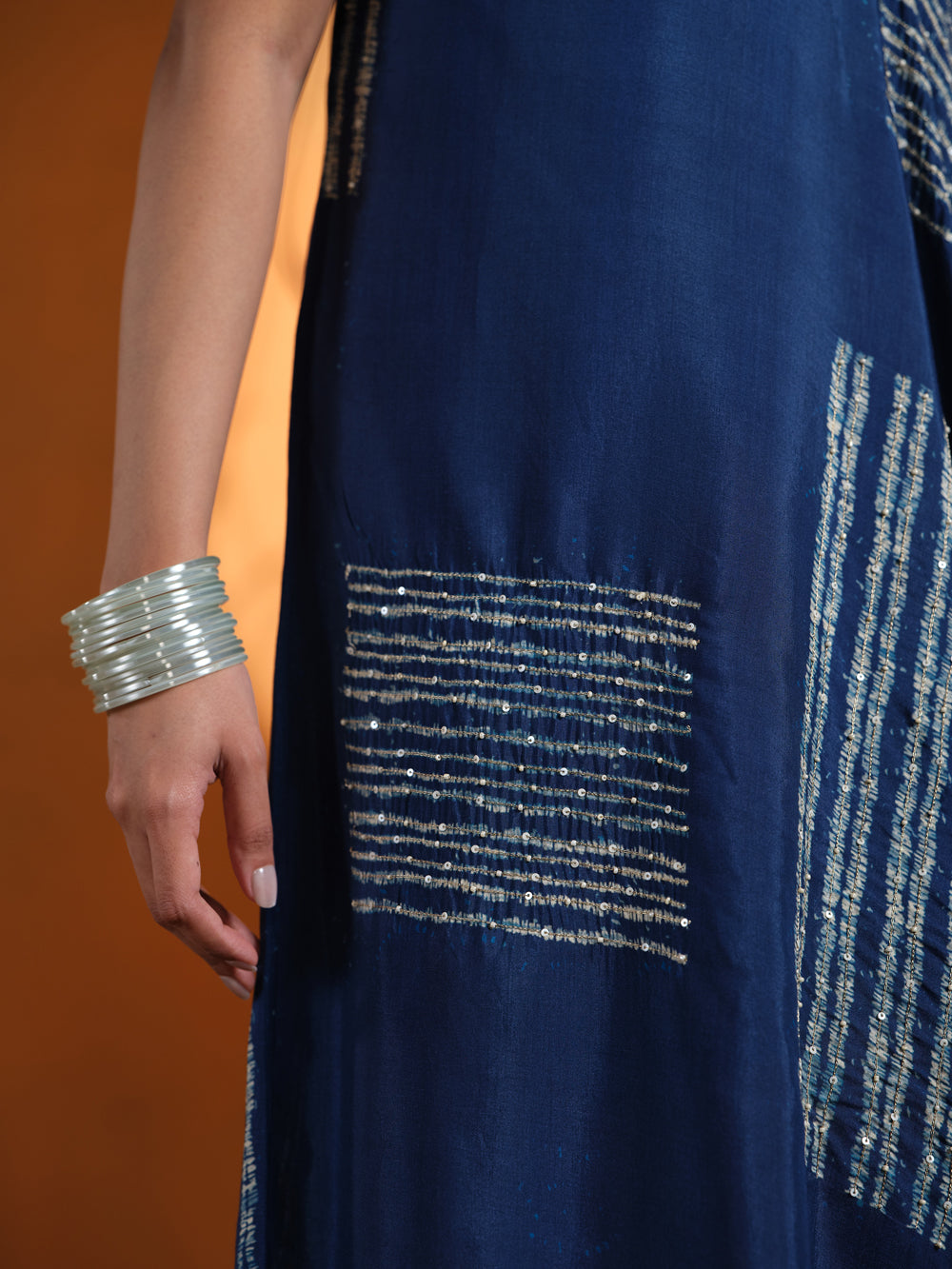 Indigo Shibori Embroidered One Shoulder Dress