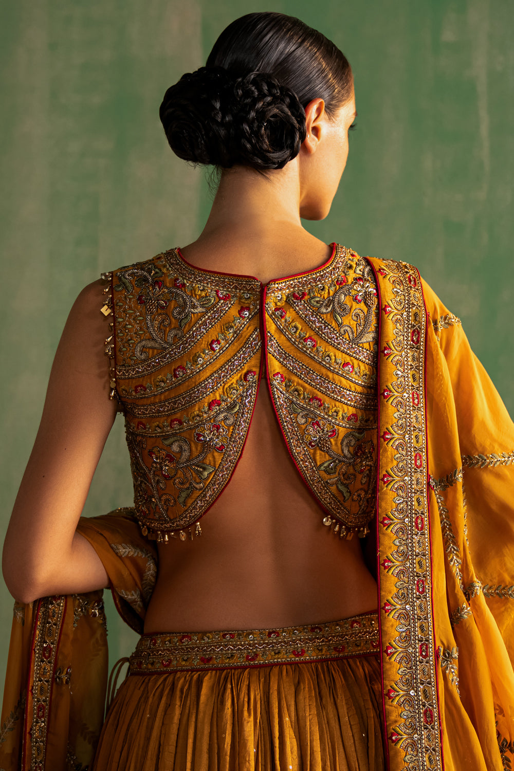 Mustard Crush Textured Hand Embroidered Lehenga Set