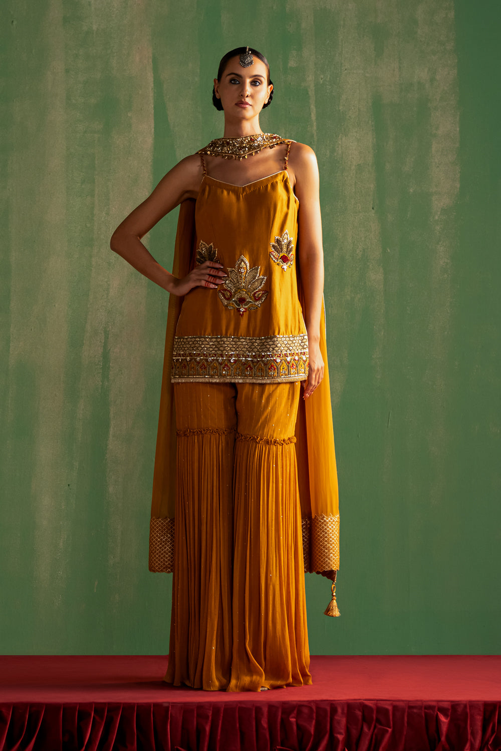 Mustard Hand Embroidered Sharara  Set