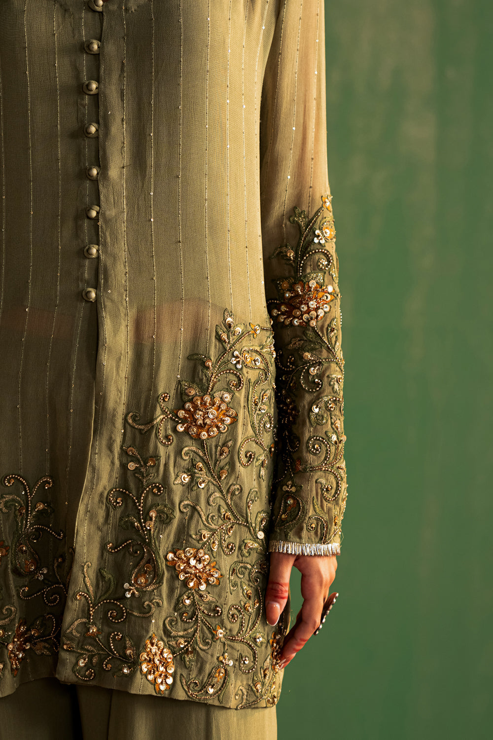 Green Hand Embroidered Kurta & Gharara Set