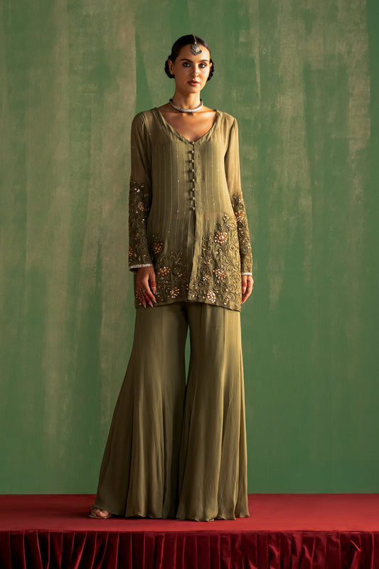 Green Hand Embroidered Kurta & Gharara Set