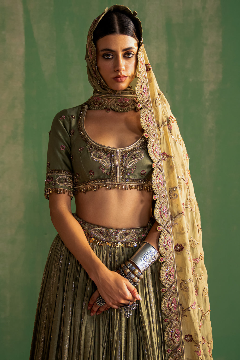 Green Crush Textured Hand Embroidered Lehenga Set