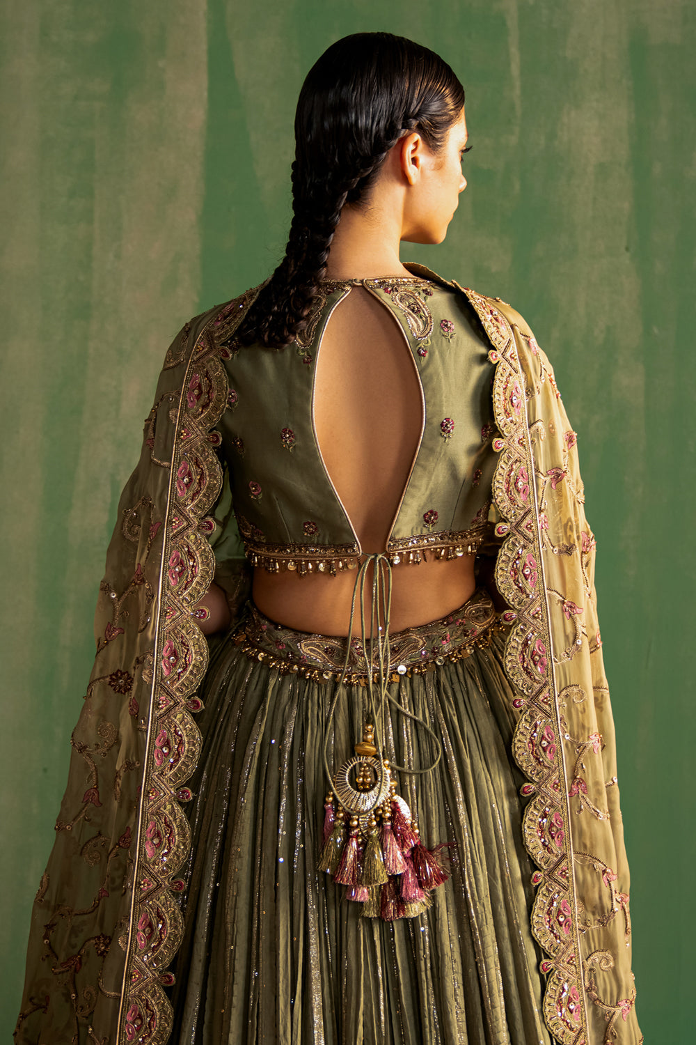 Green Crush Textured Hand Embroidered Lehenga Set