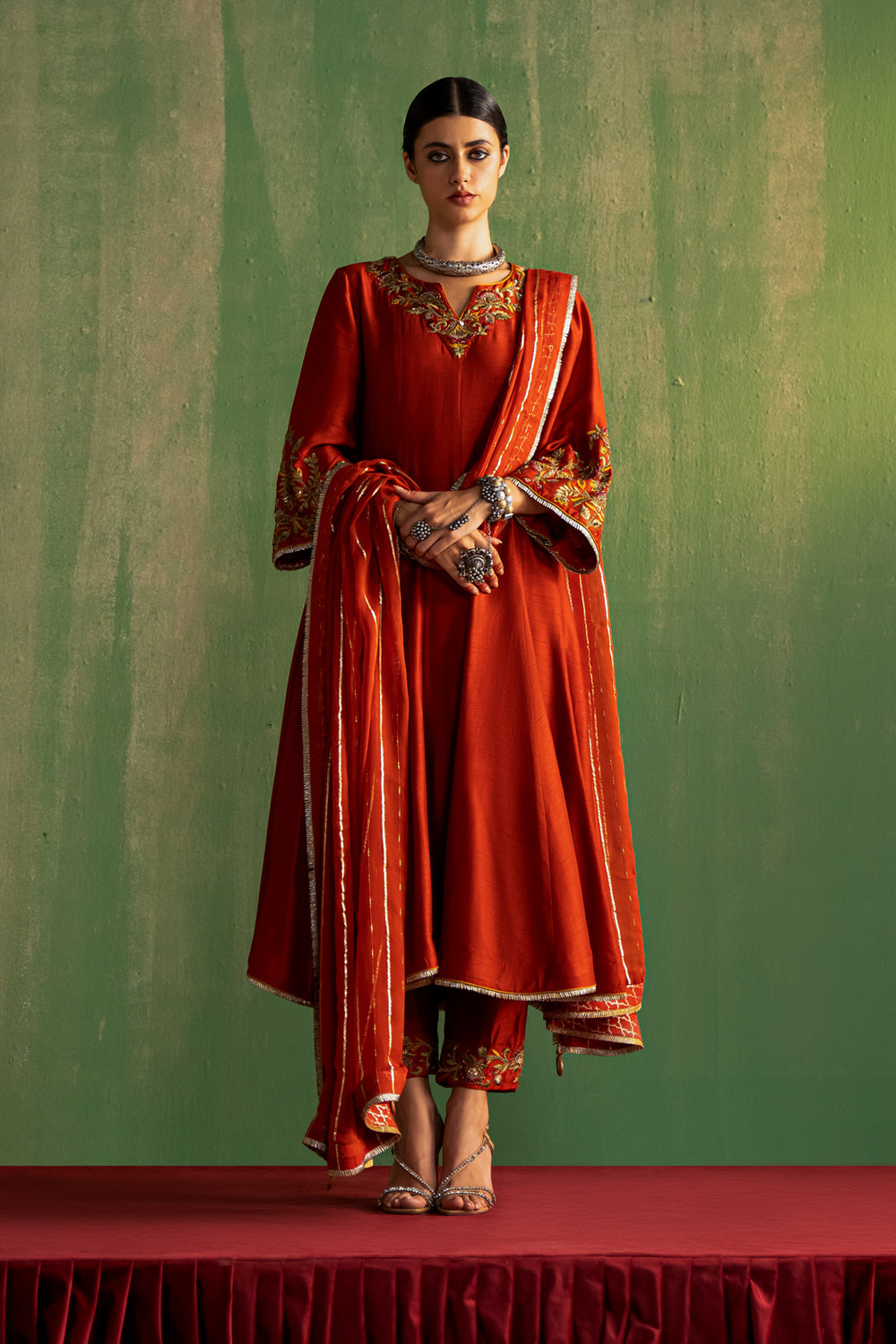 Rust Hand Embroidered Anarkali & Pant Set