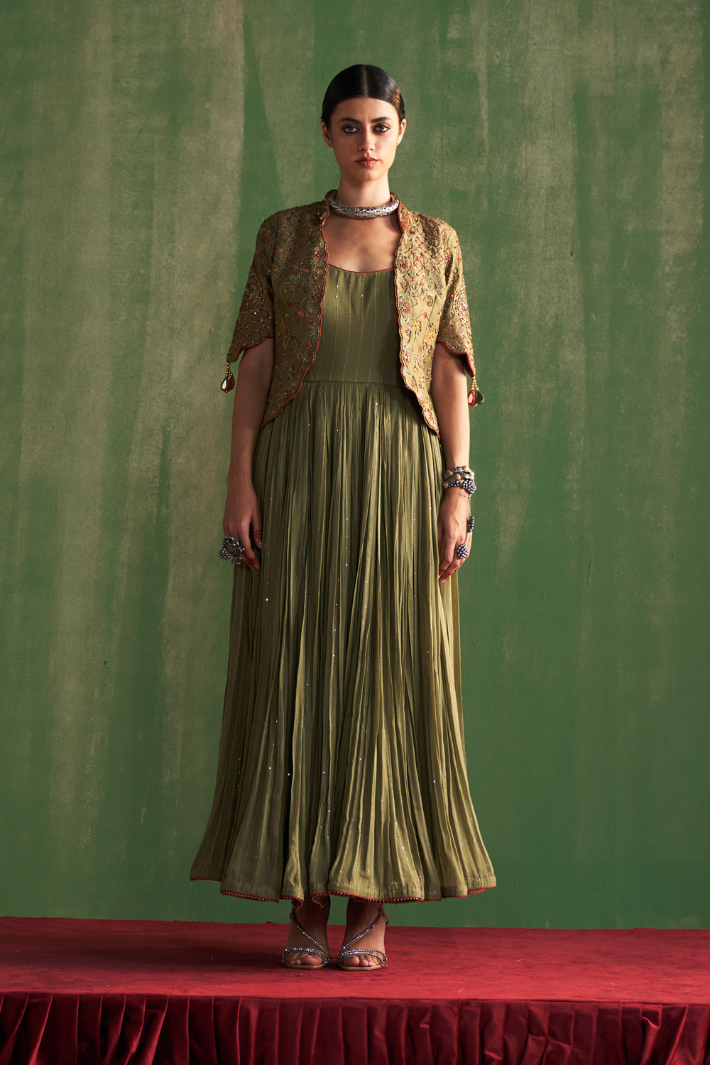 Green Hand Embroidered Jacket & Anarkali  Set