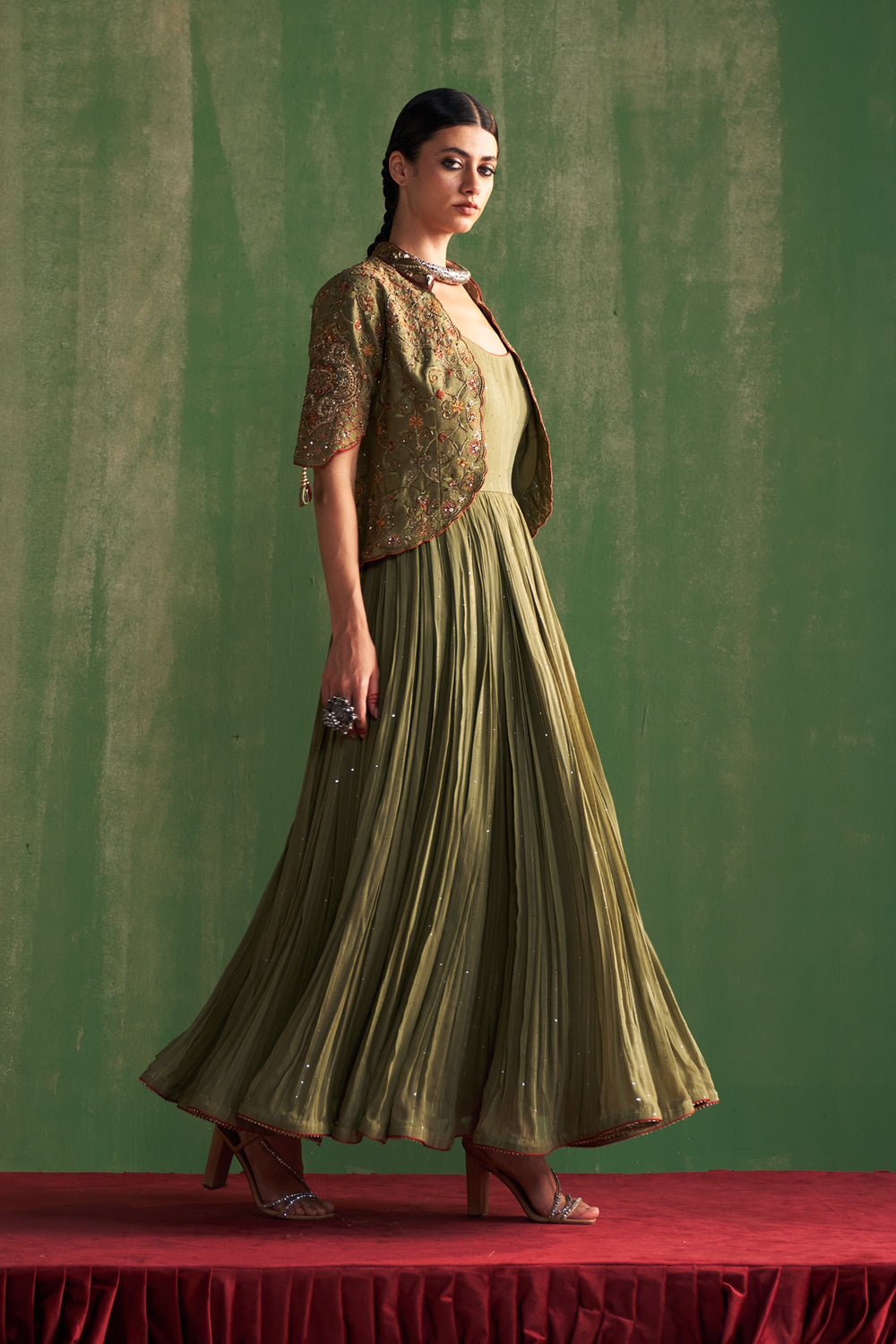 Green Hand Embroidered Jacket & Anarkali  Set