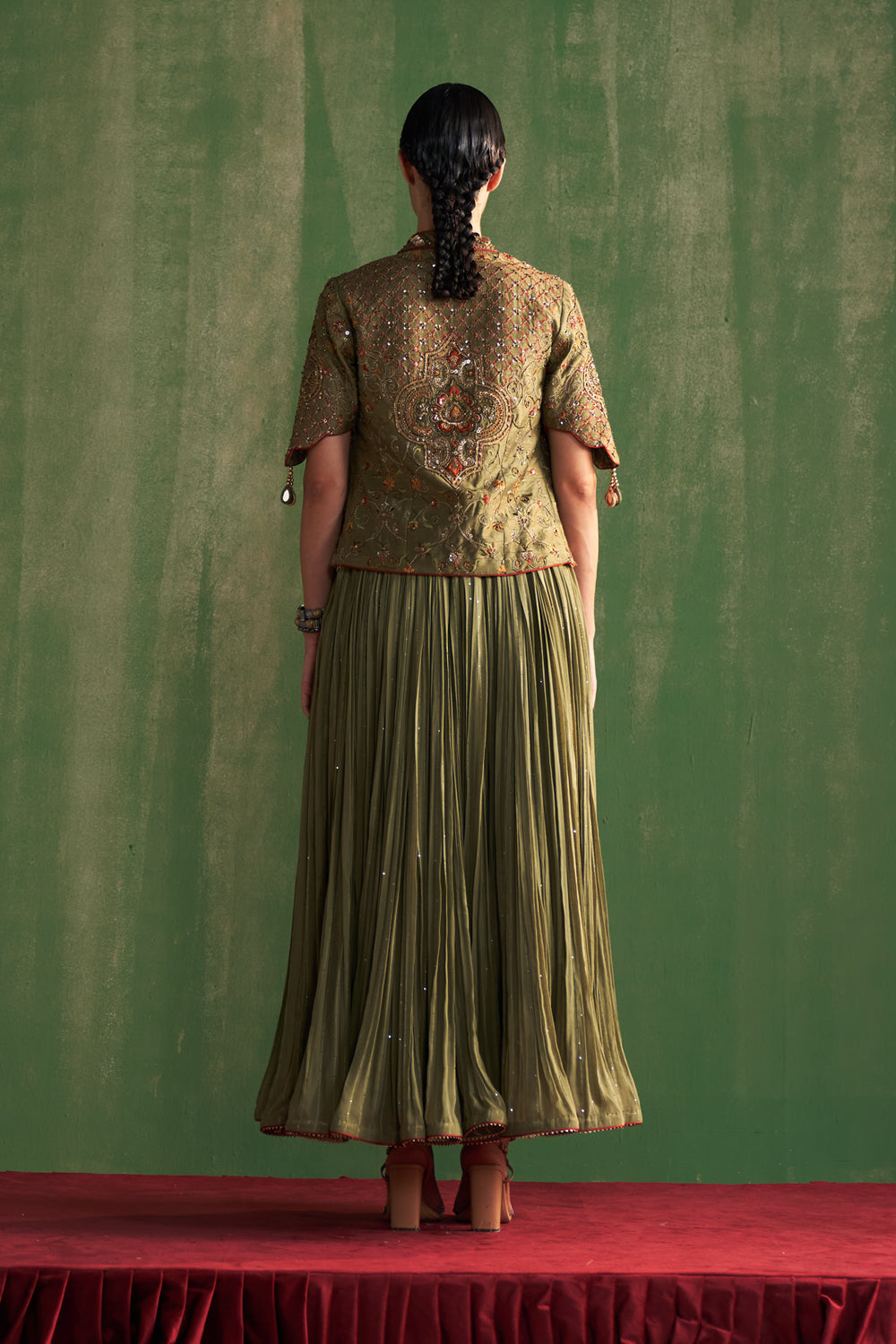 Green Hand Embroidered Jacket & Anarkali  Set