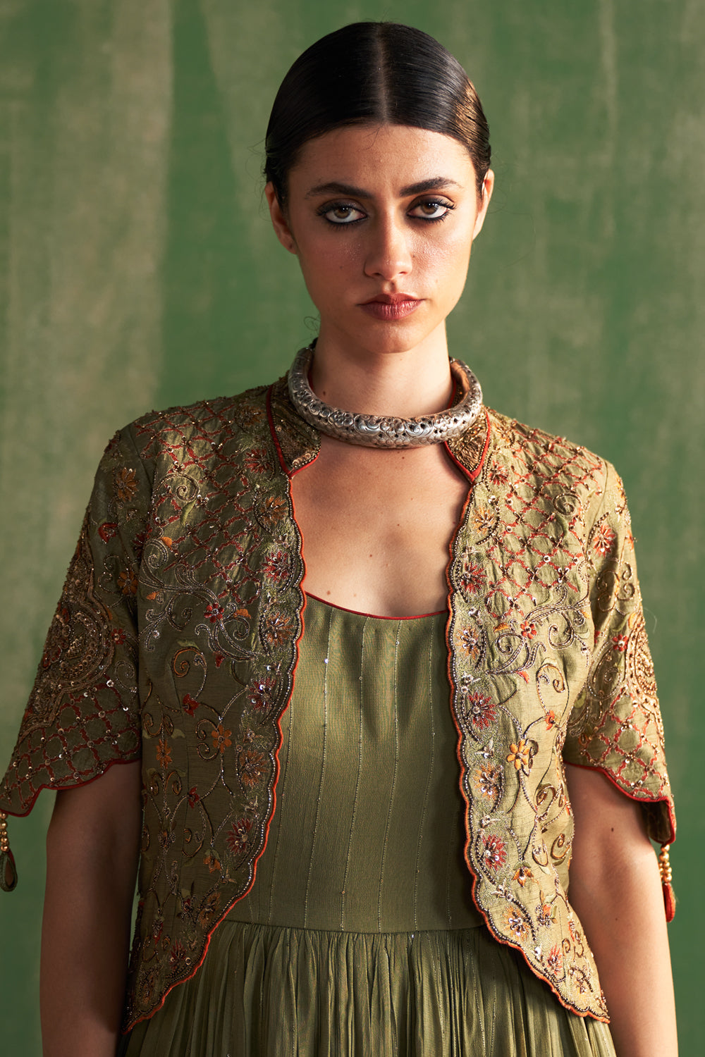 Green Hand Embroidered Jacket & Anarkali  Set