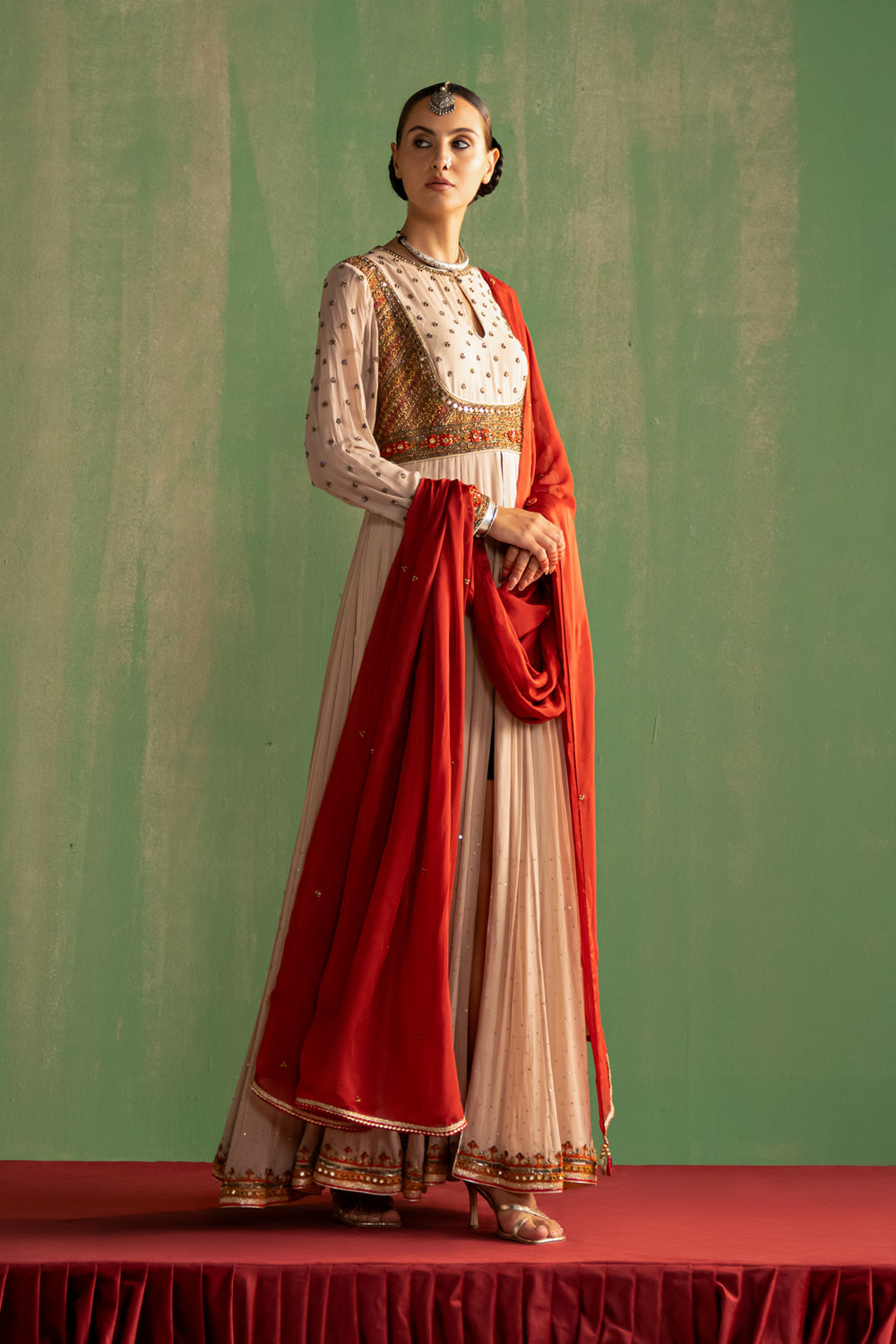 Contrast Hand Embroidered Anarkali & Dupatta Set