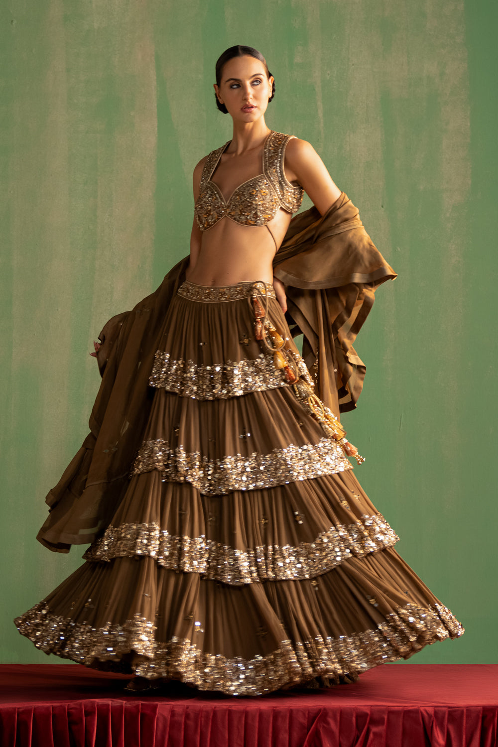 Brown Tiered Hand Embroidered Lehenga Set