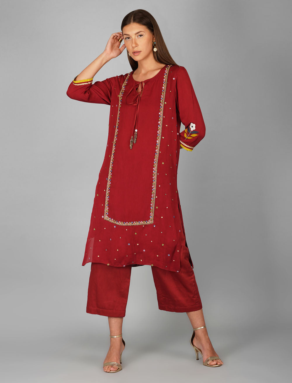 Flower Sequin Garnet Kurta Set