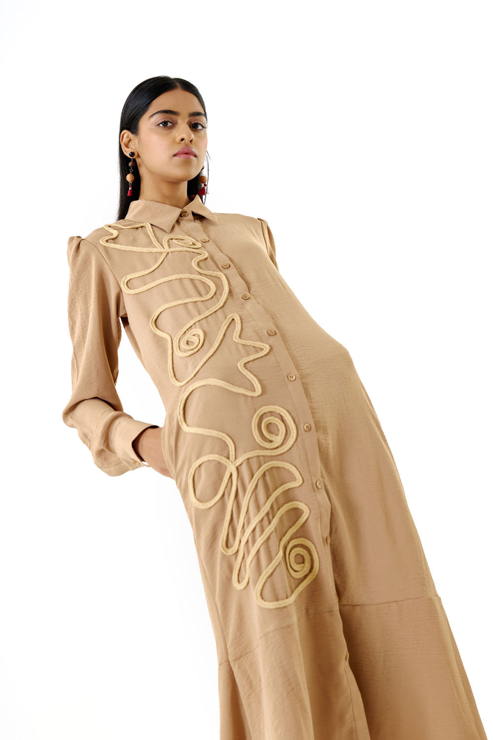 Straight Embroidered Dress with Puffed Sleeves