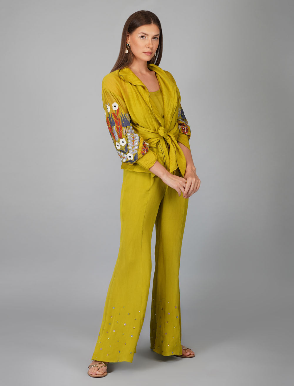 Applique Sleeve Belted Top & Pant Set