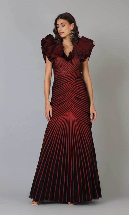 Fish-Cut Gown with Ruffled Sleeves