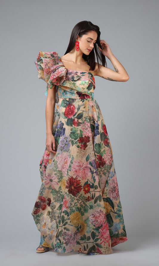 One-Shoulder Floral Gown
