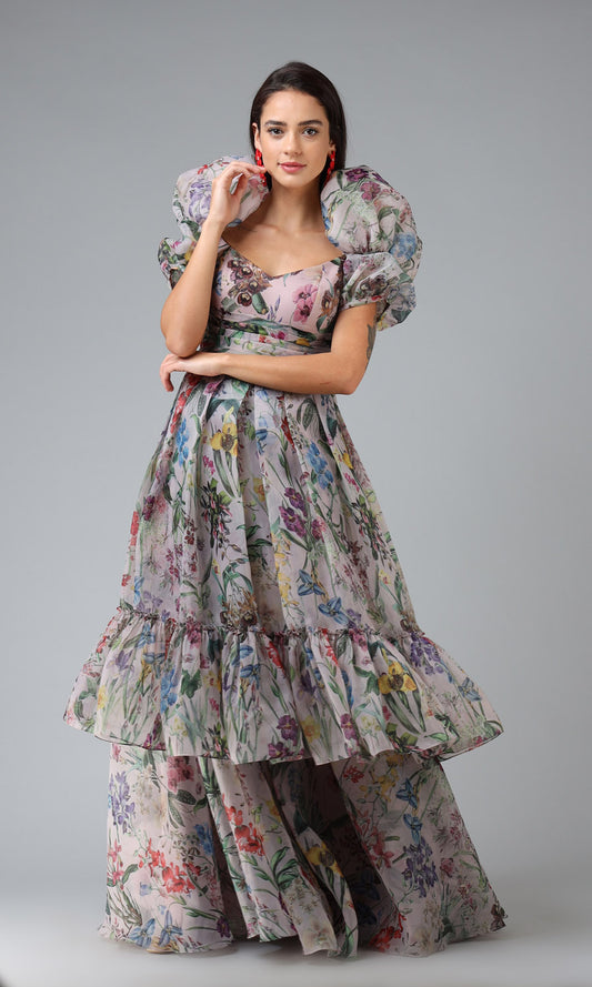 Floral Gown with Dramatic Sleeves
