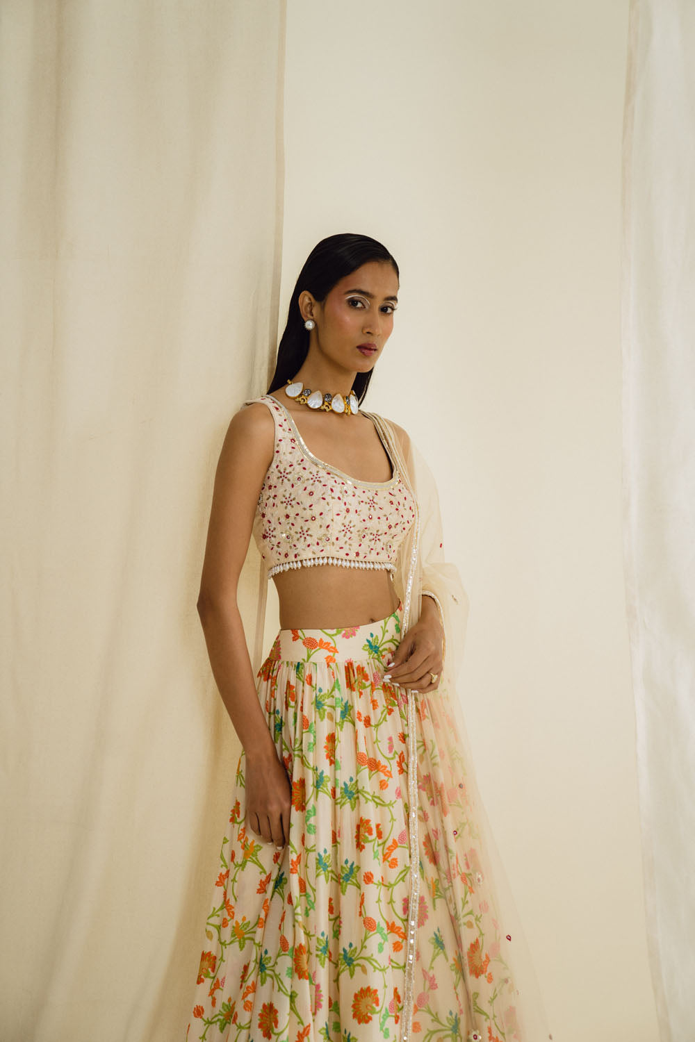 White Floral Lehenga With Bronze Cut Glass Blouse & Pink Mirror Work D –  Shivali Arora