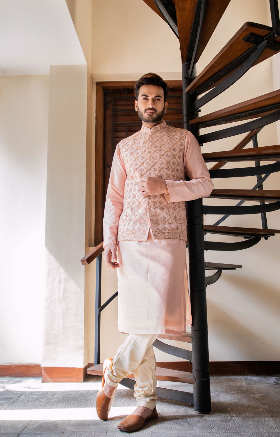 Powder Pink Nehru Jacket With Kurta And Churidaar | Wedding kurta for men, Nehru  jackets, Gents kurta design