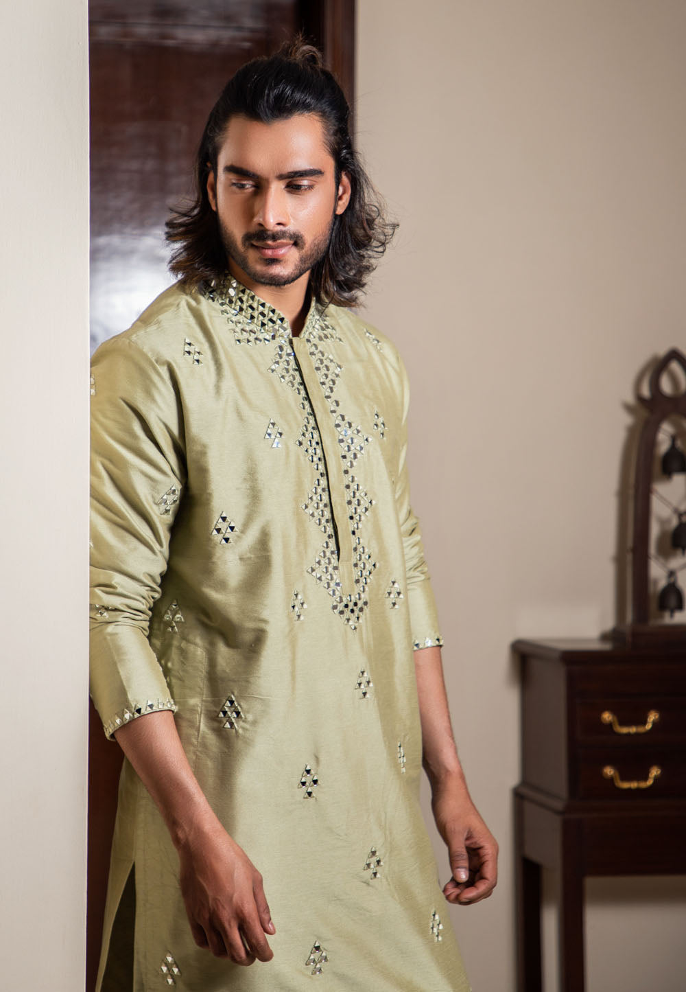 Mehendi Green Heavy Mirror Work Kurta Set