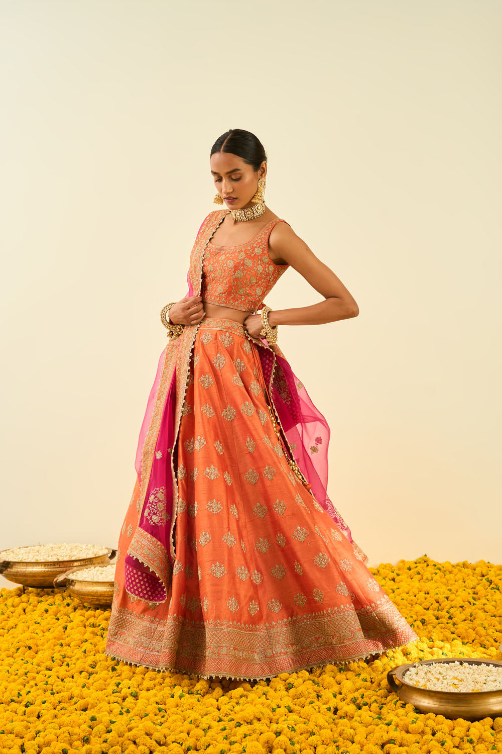 Pink net lehenga with an orange and pink brocade blouse and orange dupatta.  | Lehenga designs, Neeta lulla, Desi fashion