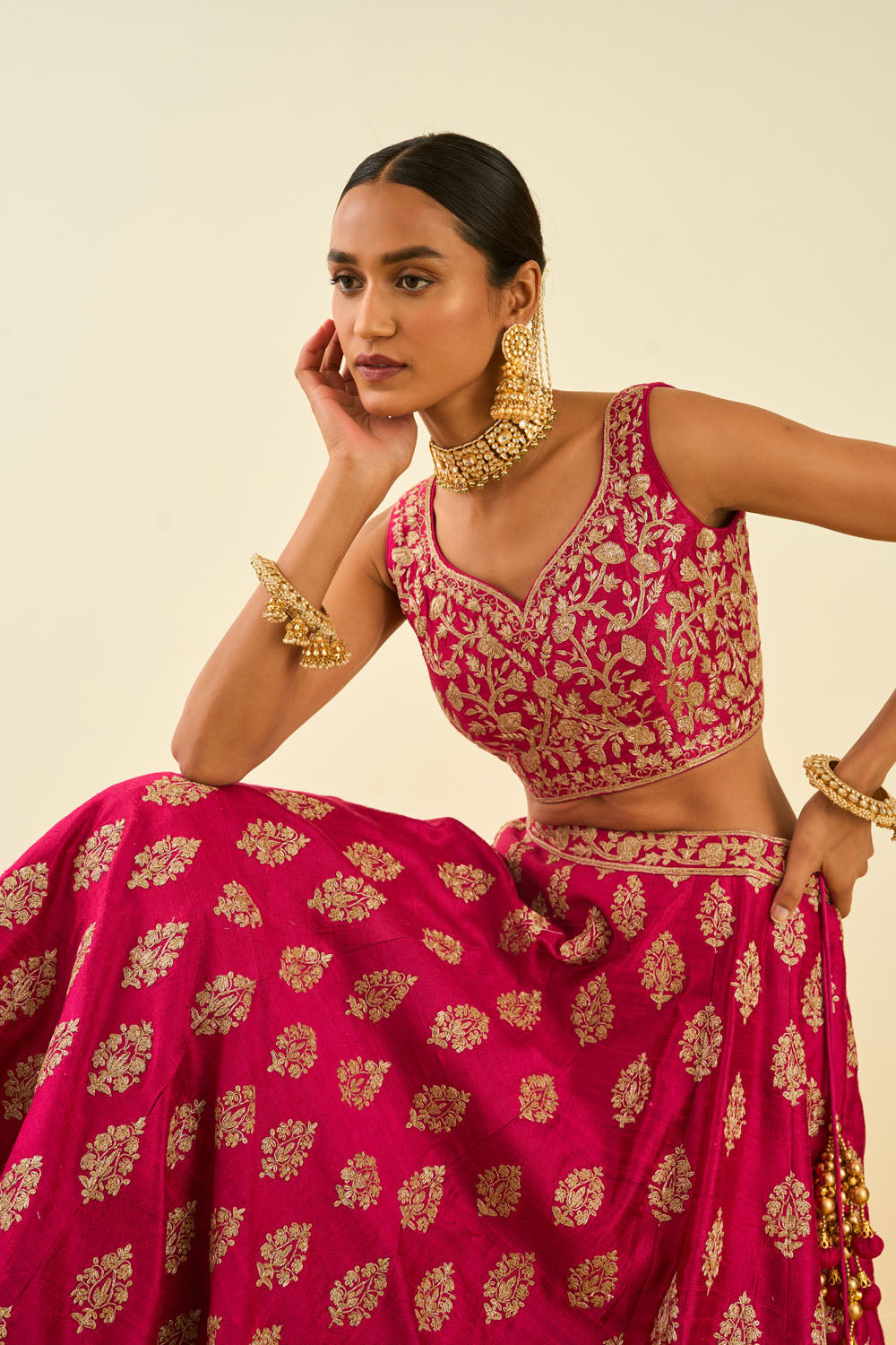 Gold Blouse - Hot pink Lehenga with Gold Dupatta now at Trendroots