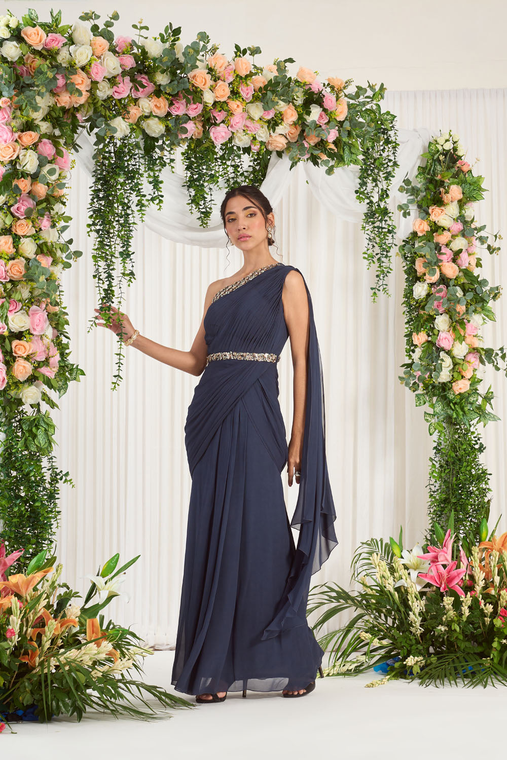 Sophisticated Navy Blue Draped Saree Gown with Embroidered Bodice &  Attached Pallu - Seasons India